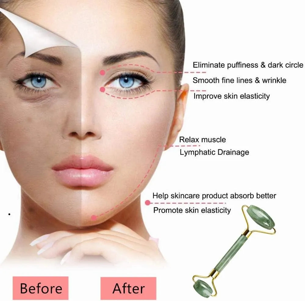 Jade Roller for Face - Improves Skin Tone and Blood Circulation - Skin Care Face Roller Reduces Under-Eye Puffiness and Dark Circles