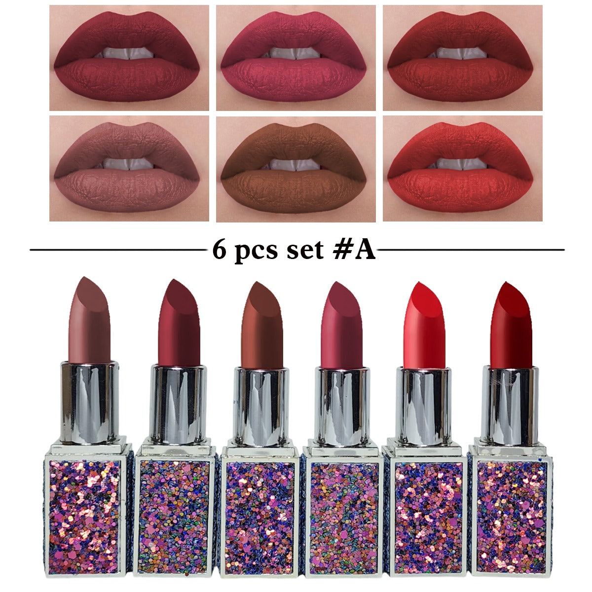 Heng Fang 6pcs Glitter Matte Finish Casing Matte Lipstick Set